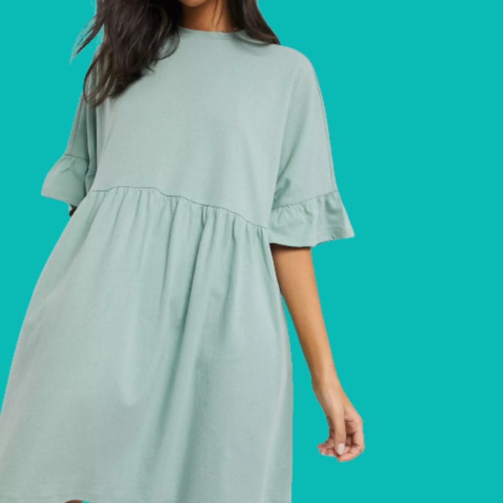 ASOS Tall Frill Sleeve Smock Dress in Sage Size US 8 UK 12 NWOT
